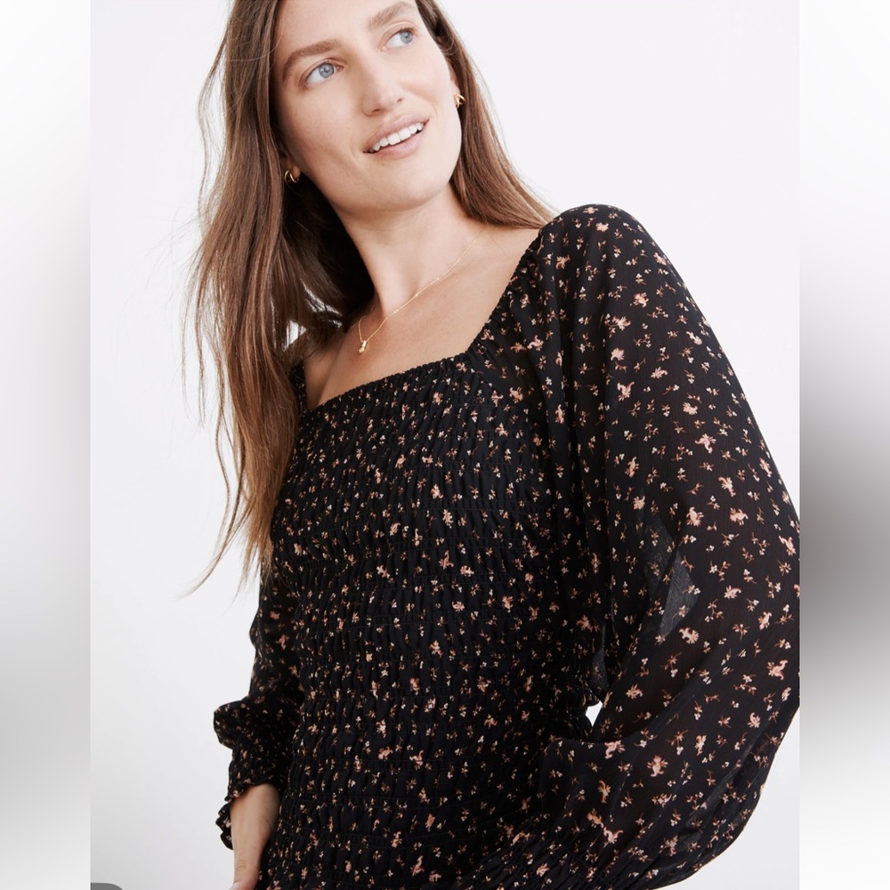 Madewell (Re)Sourced Georgette Lucie Bubble Sleeve Smocked Top Size XS
